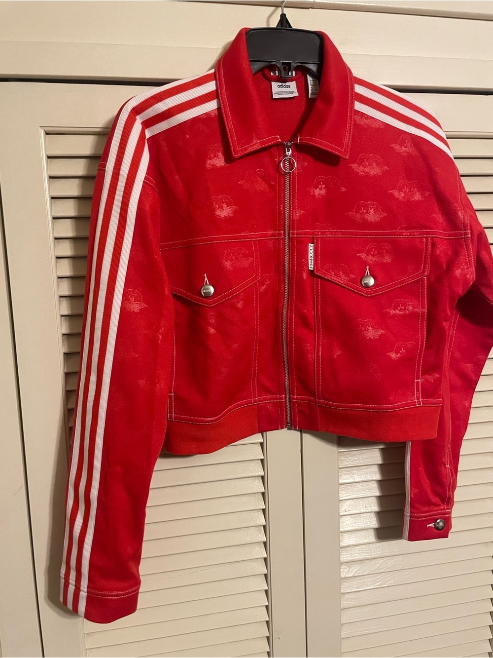 Adidas X Fiorucci Collab Red Cropped Track Jacket with 3 Stripe Sleeves - Picture 2 of 10